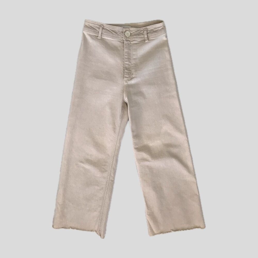 Zara Cream Neutral Marine Straight Frayed Denim Mid Rise Jeans Pants Women's 6